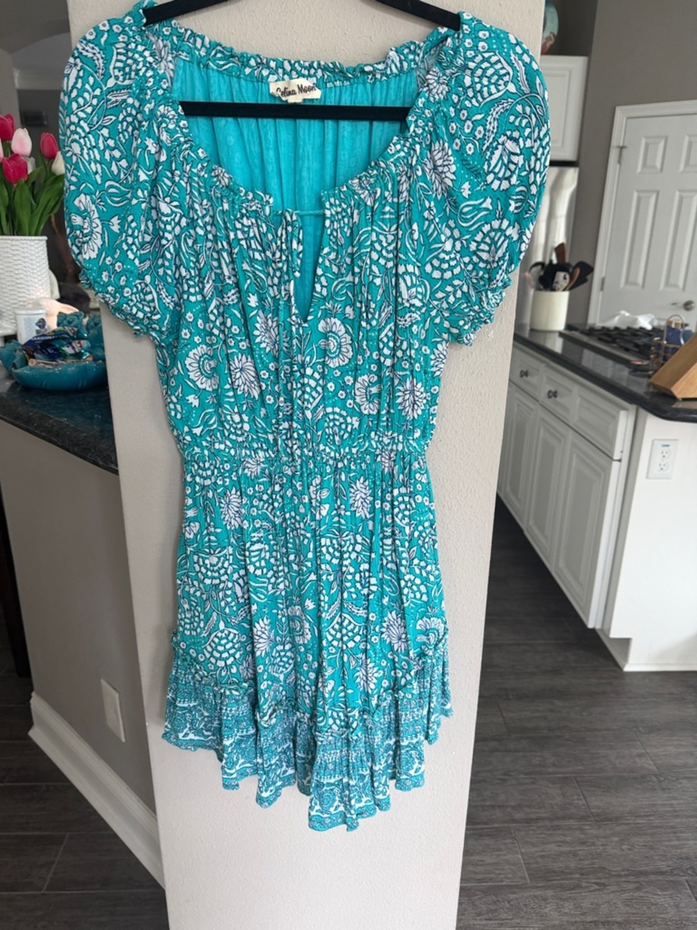 CELINA MOON Teal and White Floral Accent Sundress